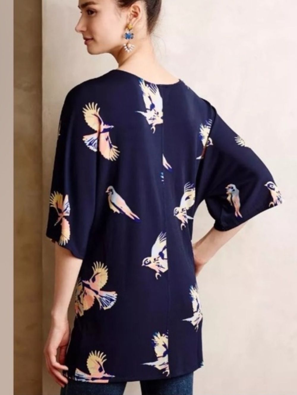 Anthropologie Deletta Navy Blue Bird Print Stretch Tunic Dress Size XS - Picture 2 of 6
